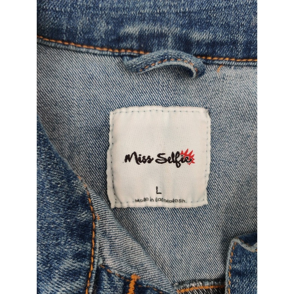 Miss Selfie Womens Medium Wash Cropped Distressed Denim Jean Jacket Large L - Picture 3 of 9